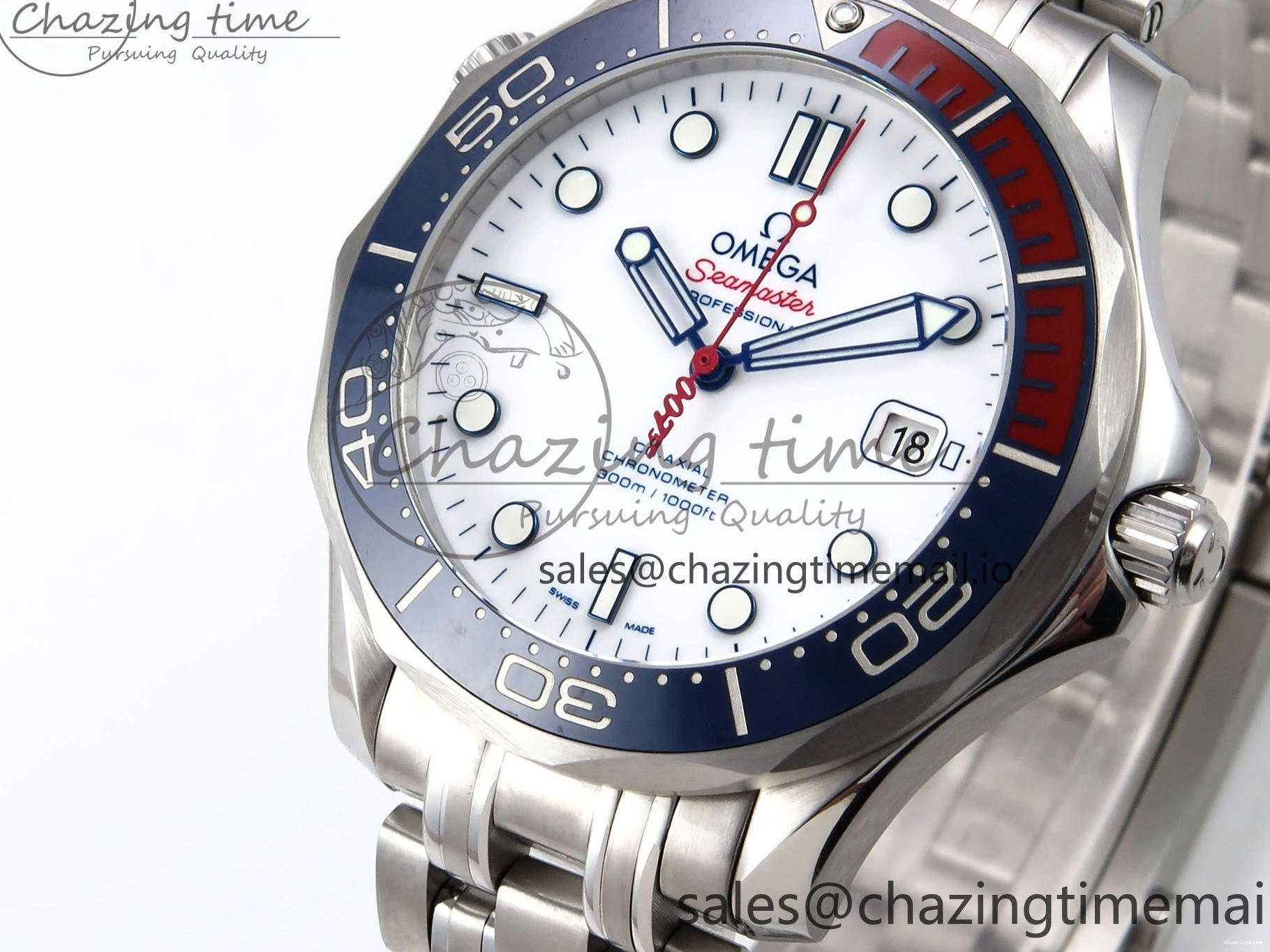 0409 HighQuality Seamaster Diver 300M OMF 1:1 Best Edition Blue Red Ceramic White Dial on SS Bracelet A 7705